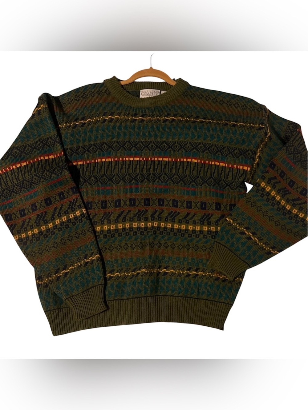 VTG Sweater Graphix Olive Green Multicolor Patterned Knit Crewneck Sweater Men